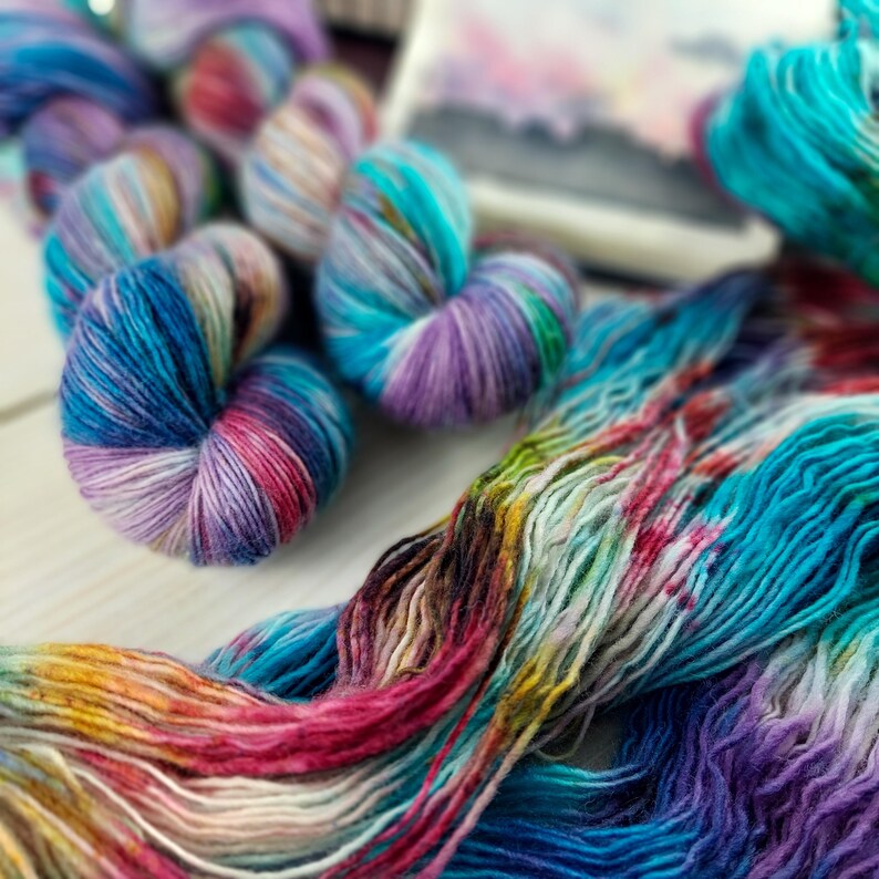 May include: Close-up of colorful yarn skeins and loose strands. The yarn features a vibrant mix of blues, purples, pinks, and yellows. The skeins are tightly wound, while the loose strands display the color variations. The image suggests a craft or textile theme.
