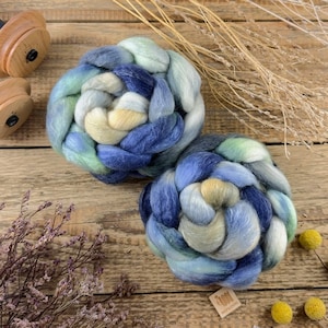 Hand Dyed Wool - Tencel Spinning Fiber, Blue Green Beige image 1
