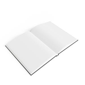 May include: A blank, white book with black covers is open to a new page. The book is lying flat on a white surface.