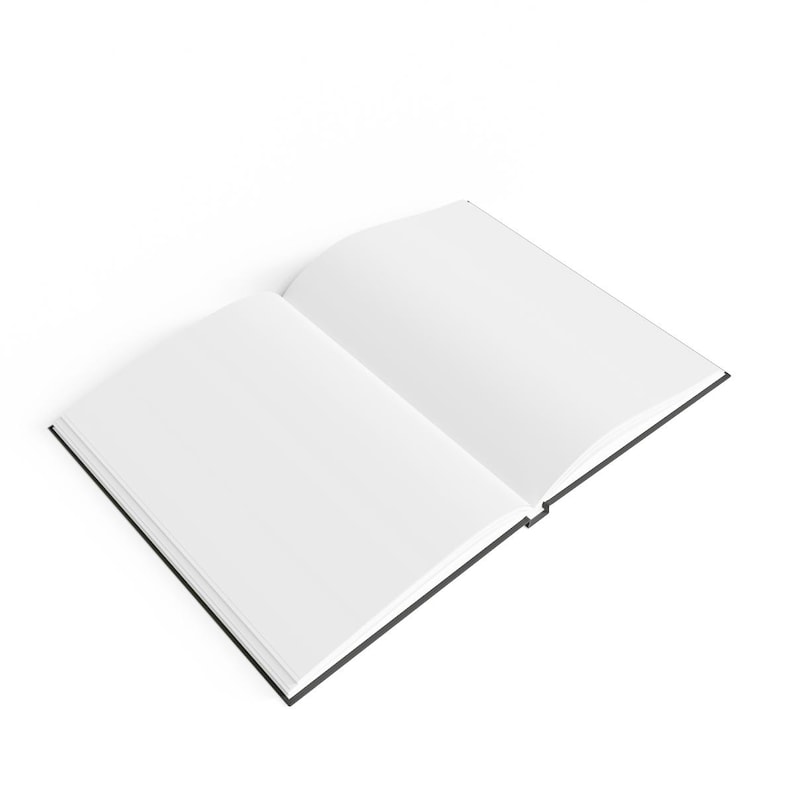 May include: A blank, white book with black covers is open to a new page. The book is lying flat on a white surface.