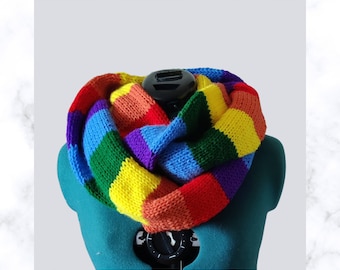 Handknit Infinity Scarf- Rainbow Pride