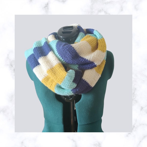 Handknit Infinity Scarf-Teal/Blue/Yellow/Cream