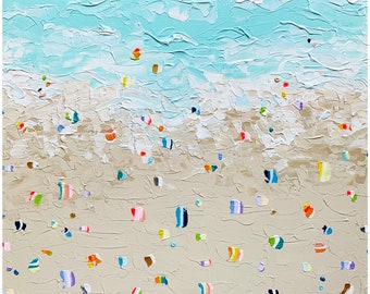 May include: Abstract painting of a beach scene with blue water and white waves at the top of the canvas. The bottom of the canvas is a beige sand color with colorful dots and stripes scattered across the surface.