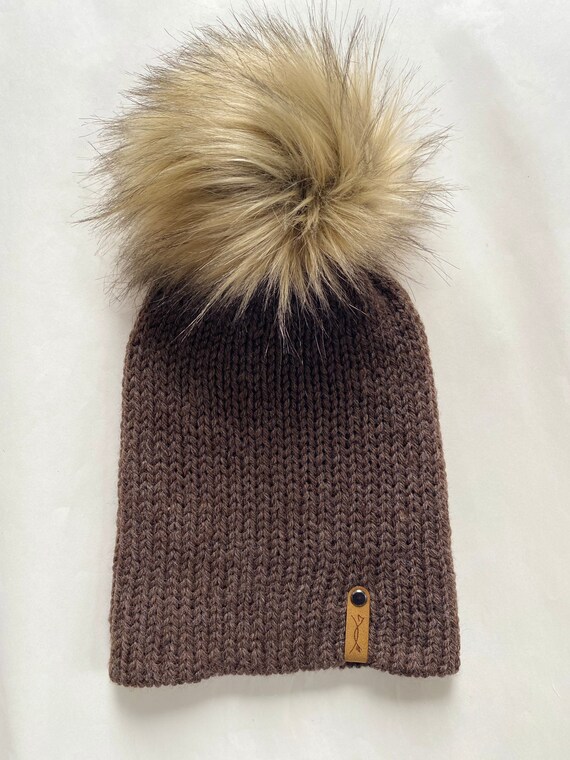 Faux Fur Pom Beanie - Knitted Winter Hat with Removable Pom-Pom Handmade Knit Hat - Faux Fur Pom Pom - Womens Hat - Teen  main image 3
