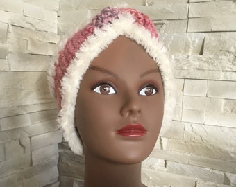 Headband twist rose chiné crochet fourrure blanche
