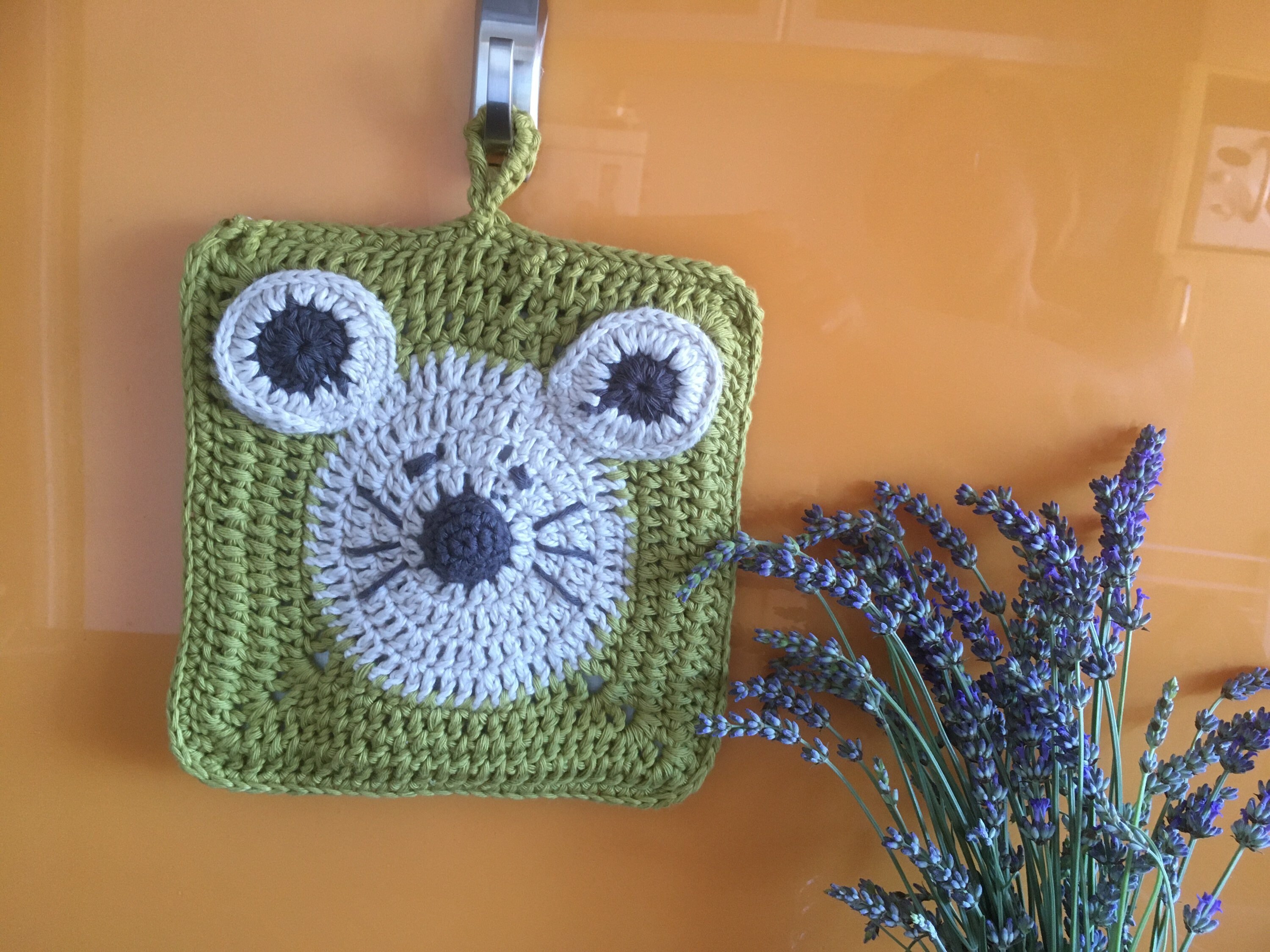 Manique Carrée Souris Coton Crochet