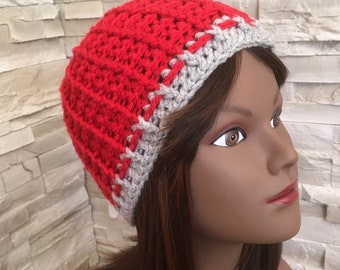 Bonnet araignée rouge gris crochet