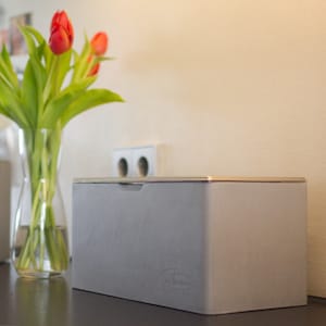 Puede incluir: Una caja rectangular gris con una tapa plateada y un pequeño logotipo que dice "Justmann Design".