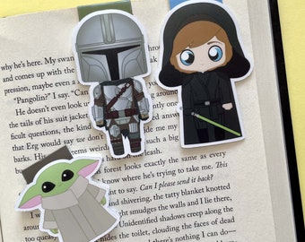 Din Djarin, Luke Skywalker, and Grogu Magnetic Bookmark Trio: Chibi Fanart Bookmarks | Dinluke | Space Dads | Mandalorian Fanart | Geek Gift