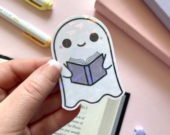 Bookish Bedlam Reading Ghostie - 3" Vinyl Sticker |  Chibi Cute Stickers | 3in Holocraphic Water-resistant Vinyl Sticker