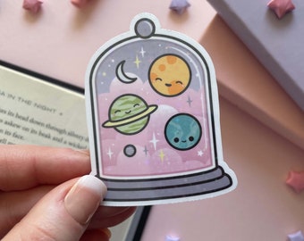 Little Galaxy Curiosities Cloche Jar Sticker | Planets | Space |  Chibi Cute Stickers | 3in Holocraphic Water-resistant Vinyl Sticker