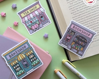 Little Shops Vol. I Vinyl Stickers - Book Shop, Tea Shop, Bake Shop for Book Lovers, Tea Lovers, and Bakers: in Singles or as a Set