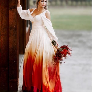 Ombre Wedding Dress, Cold Shoulder Wedding Dress, Silk Wedding Dress, Wedding Dress with Sleeves, Orange Wedding Dress, Beach Wedding Dress