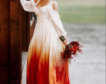 Ombre Wedding Dress, Cold Shoulder Wedding Dress, Silk Wedding Dress, Wedding Dress with Sleeves, Orange Wedding Dress, Beach Wedding Dress