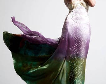 Mermaid Wedding Dress, Silk Bridal Gown, Boho Wedding Dress, Embroidered Satin, Artistic Bridal Gown, Green Wedding Dress, Ombre Bridal Gown