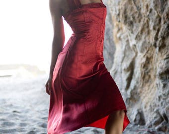 Red High/Low Dress, Silk Dress, Halter Dress, Red Dress, Sexy Dress, Fitted Dress, Boho Dress, Embroidered Dress, Bodycon Dress, Knee length