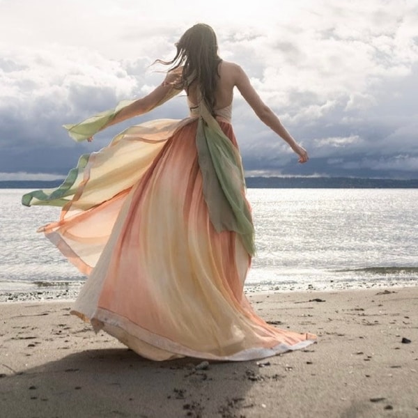Vestido de novia ombré, vestido de novia de seda morera, vestido de novia de seda pura, vestido de novia bohemio, vestido de novia, vestido de novia de playa, vestido halter