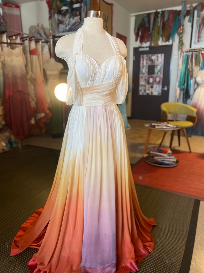Sunset Ombre Wedding Dress, Chiffon Wedding Dress, Silk Wedding Dress, Colorful Wedding Dress, Flowy Wedding Dress, Beach Wedding Dress image 3