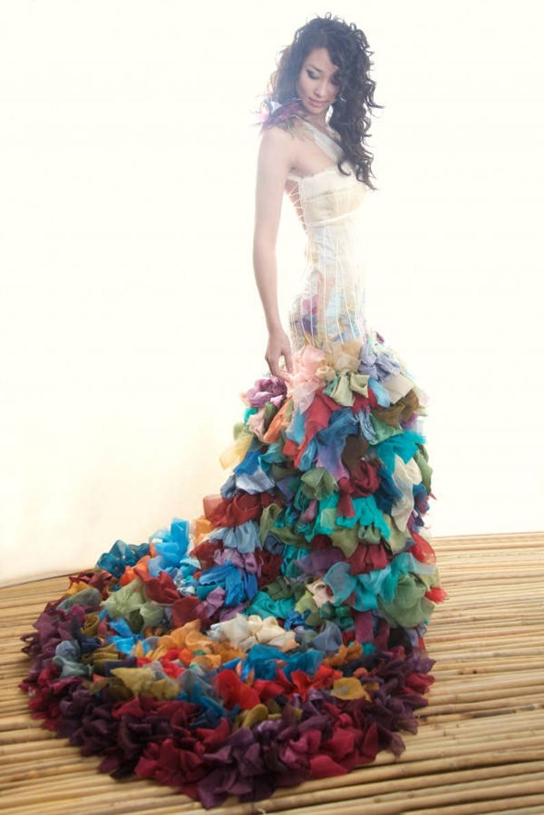 Rainbow Wedding Dress Colorful 100 Silk Boho Wedding Gown Etsy