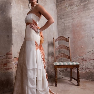 Romantic Wedding Dress, Silk, Peach, Silk Chiffon Bridal Gown, Beach Wedding Dress, Strapless, Embroidered, Satin, Ruffles, Feminine Dress