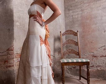 Romantische Trouwjurk, Zijde, Perzik, Zijde Chiffon Bruidsjurk, Strand Trouwjurk, Strapless, Geborduurd, Satijn, Ruches, Vrouwelijke Jurk