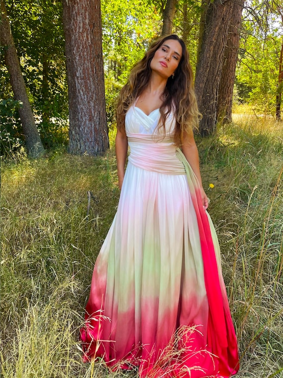 ombre silk chiffon dress 1970s Ombre Chiffon Dress, Size-8