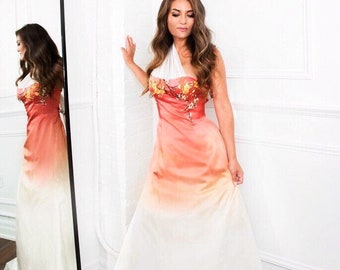 Bloemen Trouwjurk, Geborduurde Trouwjurk, Ombre Trouwjurk, Zijde Satijn Trouwjurk, Strand Trouwjurk, Draperen, Chiffon, Roze