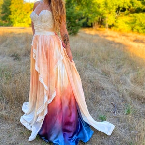 Vestido de novia de terciopelo de seda morera con degradado arcoíris, bustier sin tirantes, vestido de novia de seda natural teñido a mano
