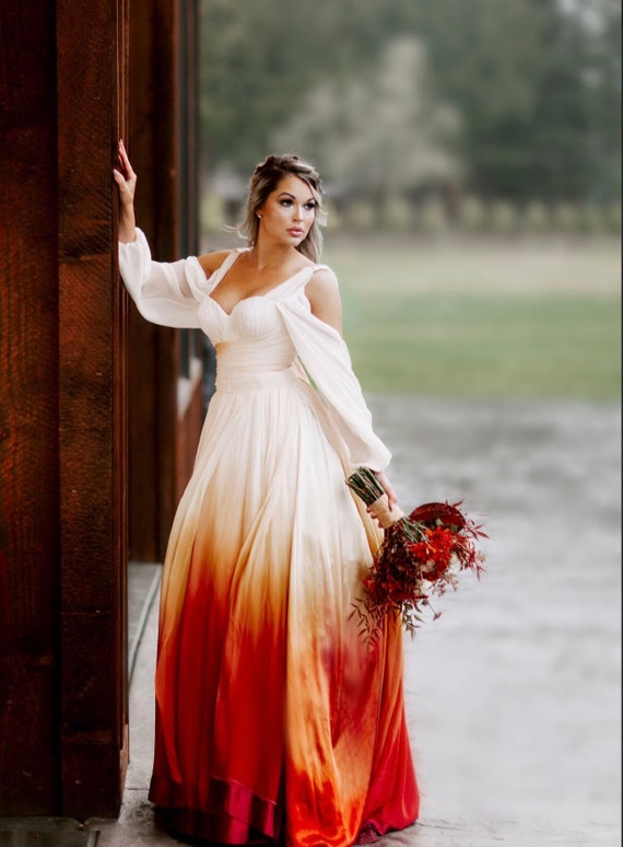 Ombre Wedding Dress, Cold Shoulder Wedding Dress, Silk Wedding Dress,  Wedding Dress With Sleeves, Orange Wedding Dress, Beach Wedding Dress - Etsy