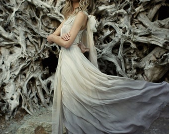 Ombre Wedding Dress, Chiffon Wedding Dress, Silk Wedding Dress, Gray Wedding Dress, Flowy Wedding Dress, Beach Wedding Dress