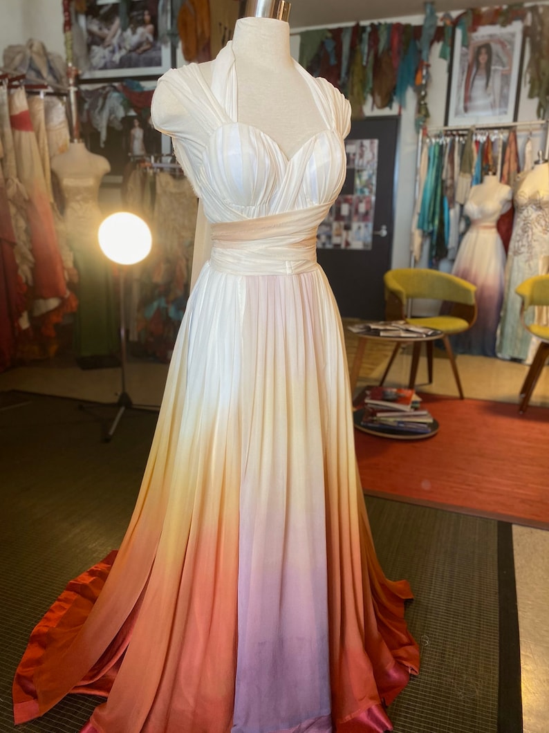 Sunset Ombre Wedding Dress, Chiffon Wedding Dress, Silk Wedding Dress, Colorful Wedding Dress, Flowy Wedding Dress, Beach Wedding Dress image 6