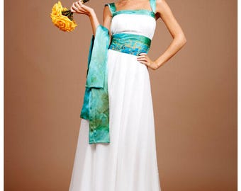 Chiffon Wedding Dress, Seafoam Accents, Embroidered Bridal Gown, Beach Wedding Dress, Open Back, Aline, Grecian Wedding Dress, Silk, Aqua