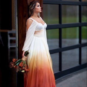 Ombre Wedding Dress, Cold Shoulder Wedding Dress, Silk Wedding Dress, Wedding Dress with Sleeves, Orange Wedding Dress, Beach Wedding Dress image 3