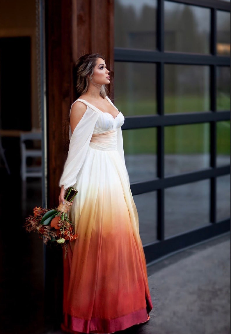 Ombre Wedding Dress, Cold Shoulder Wedding Dress, Silk Wedding Dress, Wedding Dress with Sleeves, Orange Wedding Dress, Beach Wedding Dress image 3