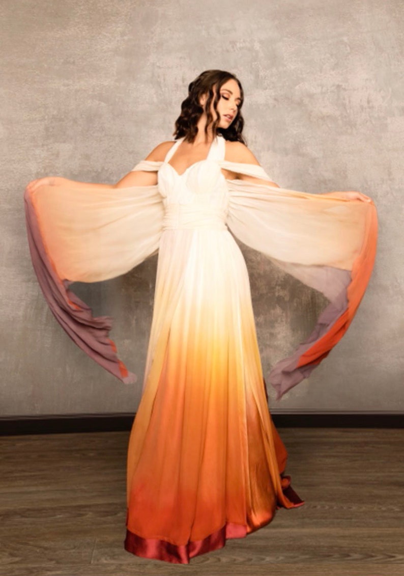 Sunset Ombre Wedding Dress, Chiffon Wedding Dress, Silk Wedding Dress, Colorful Wedding Dress, Flowy Wedding Dress, Beach Wedding Dress image 2