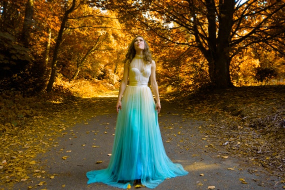 blue dresses sweet 16 White Chiffon High Low ChicMint Blue Long Sleeves With Gold Lace Long   classygown