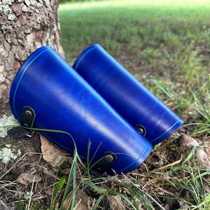May include: A pair of blue leather arm guards with black straps and stitching. The guards are lying on the ground near a tree.