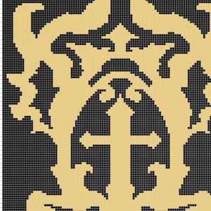 May include: A black and gold cross with ornate floral designs on either side. The cross is centred on a black background with a grid pattern.