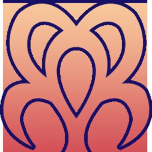 May include: A stylized abstract design with a gradient of pink and orange colors. The design is outlined in dark blue and has a rounded, organic shape.