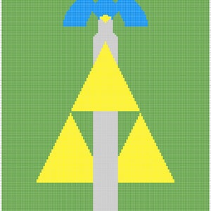 May include: A pixel art design of the Master Sword from the Legend of Zelda video game series. The sword is silver with a blue handle and a yellow triangular design.