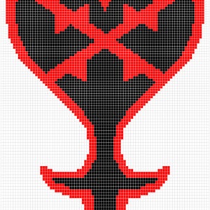 May include: A red and black pixel art design of a heart with a keyhole and a cross underneath. The heart is outlined in red and the keyhole and cross are black.