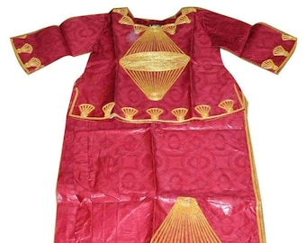 3 Piece Red Hard Bazin Top/Wrap/Scarf Set/Brocade With Cording Embroidery/African Womens Dresse Traditional Dashiki Shedda Outfits Size XL