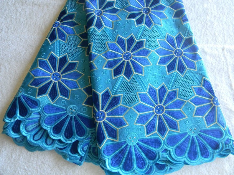 Swiss Voile LaceSewing FabricCottonPoly Lace Fabric With StonesQuality African Voile LaceEmbroidered Pattern Blue5 Yards #024