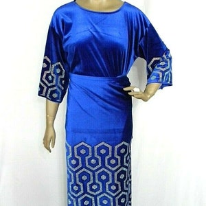 Velvet With Stones Design/Nigerian Party Outfits/Trendy African Velvet Outfits/Ready Made Velvet 3 Piece Set Wrapper, Buba & Gele/Royal Blue
