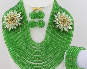 Nigerian Beaded Jewelry Set/African Women's Wedding Beads 12 Rows Necklace, 6 Rows Bracelet And Earrings/3 Pieces Set In Green Color