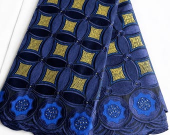 Swiss Voile Lace/Sewing Fabric/Nigerian Cotton Lace Fabric/Quality African Swiss Voile Lace/Navy Blue&Yellow Embroidered Pattern/5 Yards #35