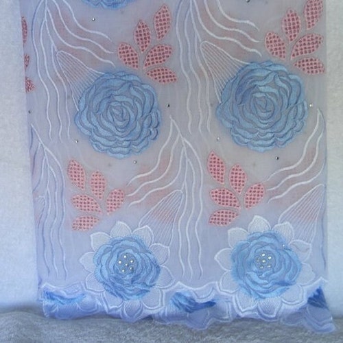 Soft Cotton Lace/African Swiss Voile Lace/Lightweight Lace/Nigerian Voile Lace/White Blue&Pink shops Floral Embroidered Pattern/5 Yards #008
