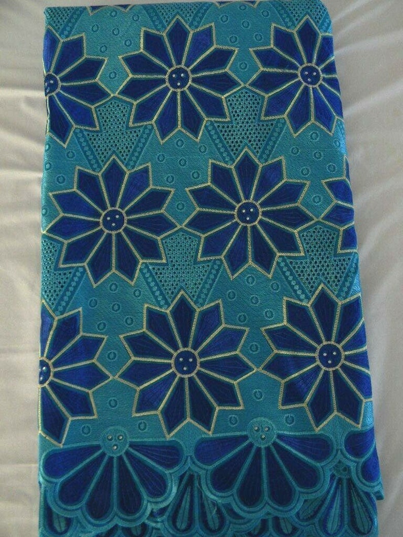 Swiss Voile LaceSewing FabricCottonPoly Lace Fabric With StonesQuality African Voile LaceEmbroidered Pattern Blue5 Yards #024
