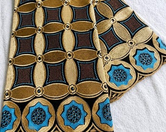 Swiss Voile Lace/Sewing Fabric/Nigerian Cotton Lace Fabric/Quality African Swiss Voile Lace/Navy Brown&Blue Embroidered Pattern/5 Yards #036