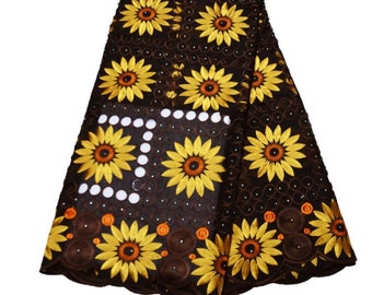 Swiss Voile Lace/Quality Lace Fabric/ Cotton Handcut Lace Fabric With Stones/Quality African Swiss Voile Lace 5 Yards Coffee And Orange/0038